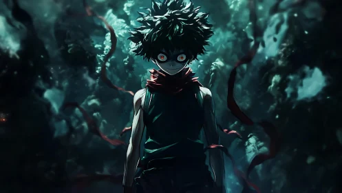 Storm-lit vigil of a determined young hero in shadows.