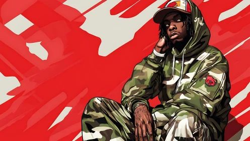 Camouflage-clad figure seated before abstract red field.