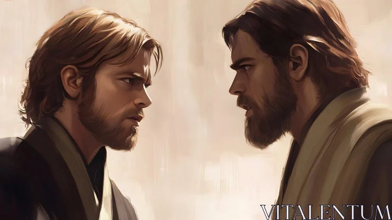 Standoff of mirrored warriors in soft desert light.