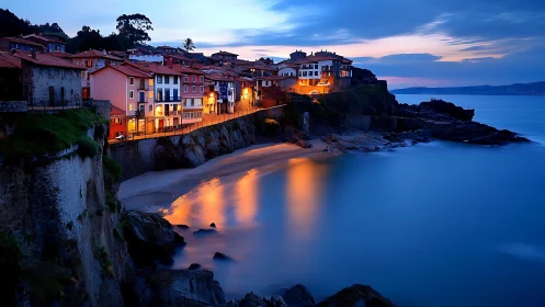 Coastal village buildings overlook illuminated evening bay