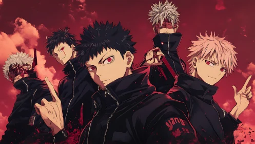 Five red-eyed fighters pose against blood-red storm sky