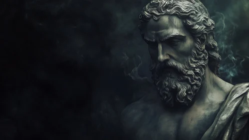 Moody stone bust of ancient bearded male figure in smoke.