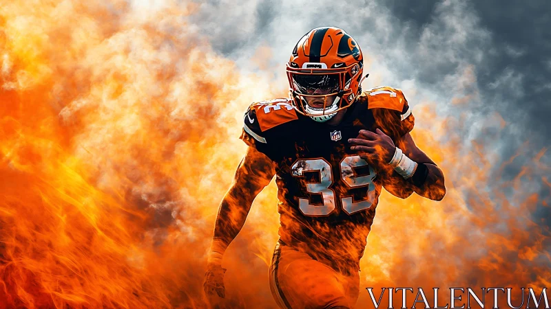 Blazing football runner charges forward through roaring flames
