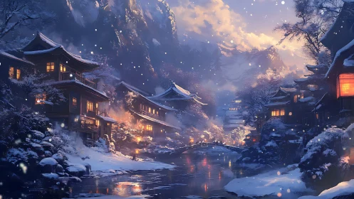 Snow-covered riverside village shows illuminated wooden houses