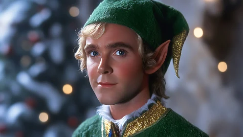 Gentle Christmas elf gazes ahead amid soft festive lights