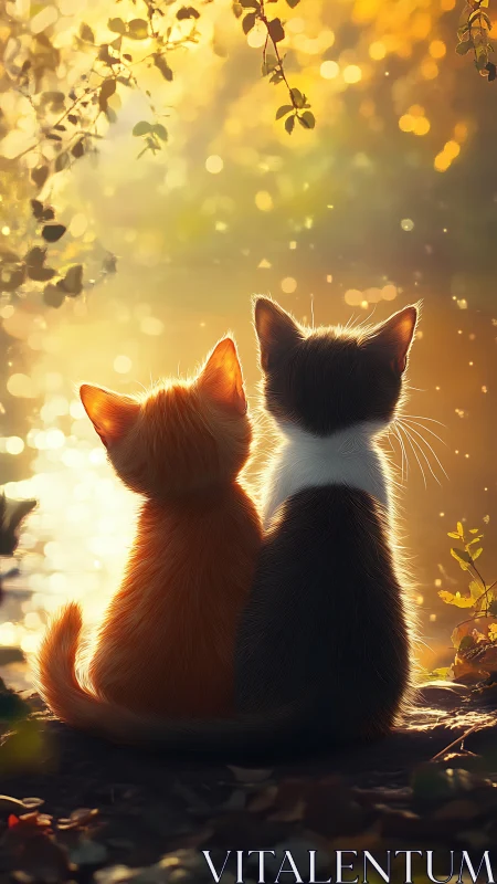 Two Cats Seated Against Warm Golden Backlight.
