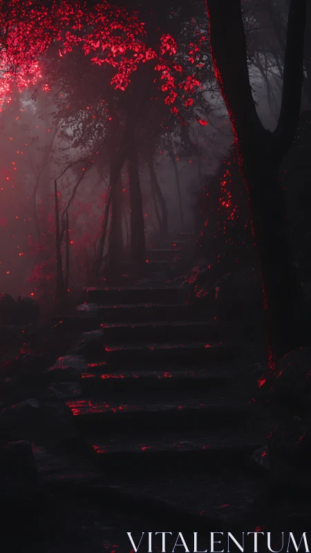 Forest stone stairway glows with ominous crimson light.