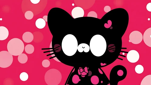 Cute black cartoon cat pops against bubbly pink backdrop.