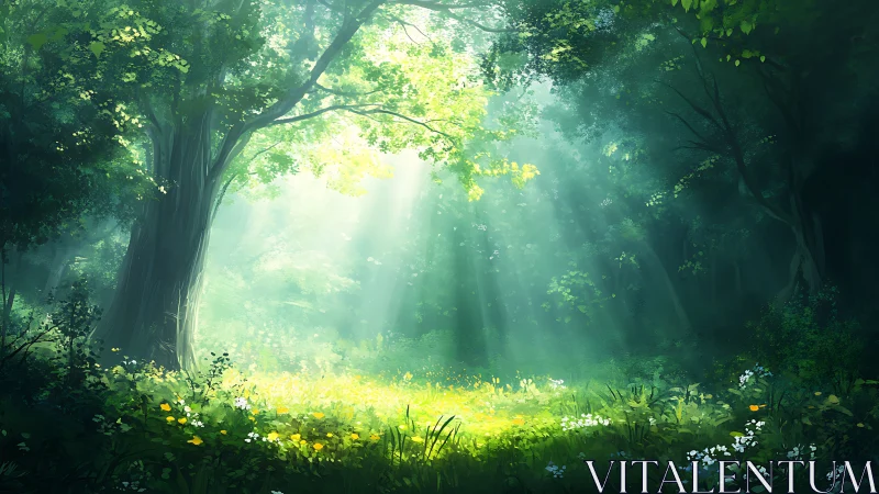 Sunlit forest clearing where soft light invites quiet wonder.