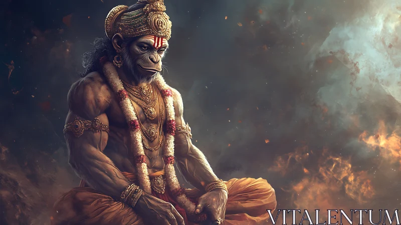 Divine simian warrior meditates amid swirling cosmic fire.