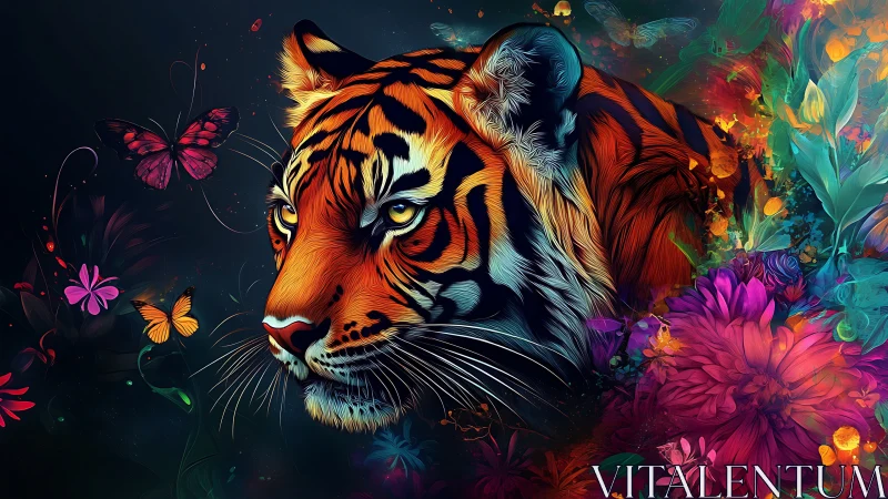 Tiger head rendered with neon flora and butterflies