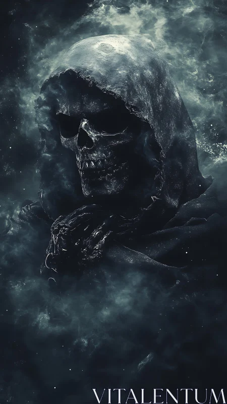 Hooded skeletal figure emerges from dense swirling smoke