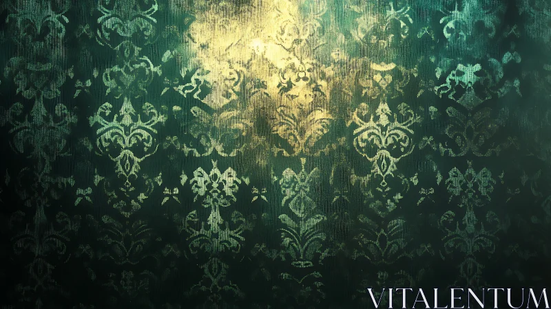 Textured damask wallpaper with teal patina and warm glow.