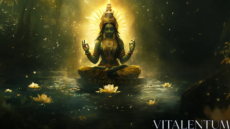 Divine female figure meditating on lotus in forest pool.