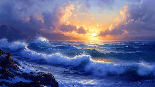 Sunlit waves crash toward rocky coast under glowing clouds