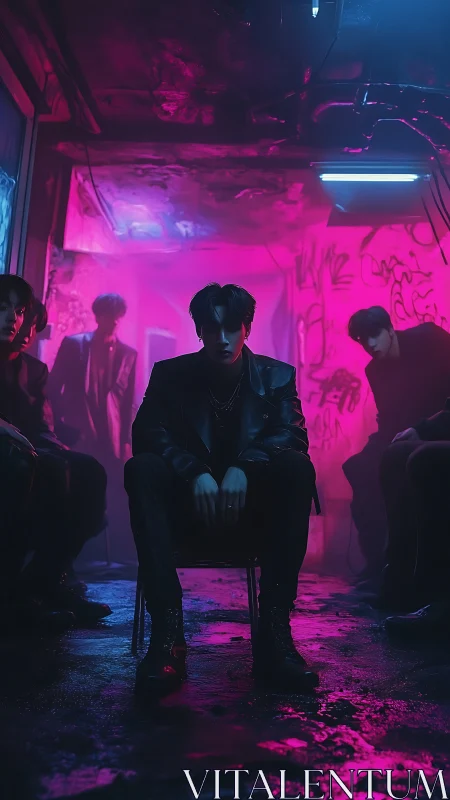 Brooding figure in neon alleyway under magenta haze.