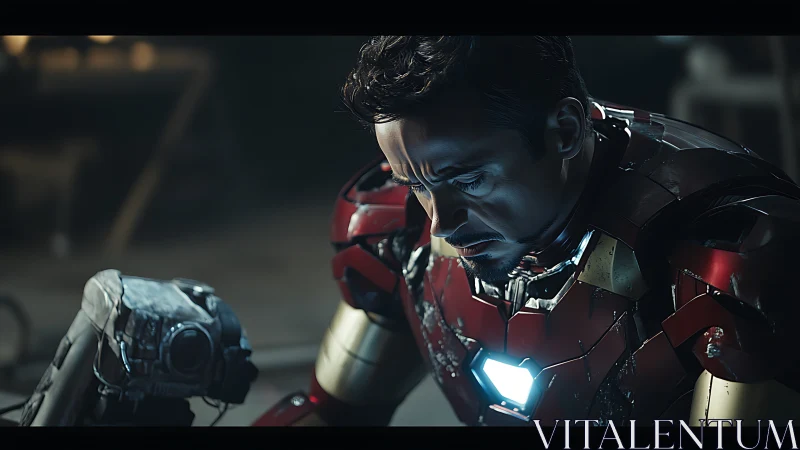 Armored hero kneels beside damaged robot in dim workshop