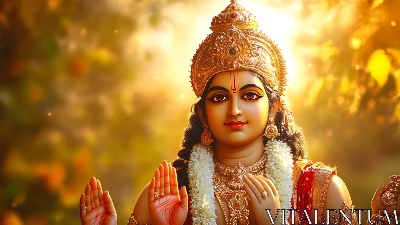 Sunlit goddess gazes outward while blessings spill like dawn