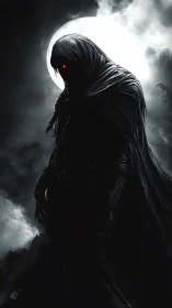 Hooded dark figure stands before full moon in heavy fog