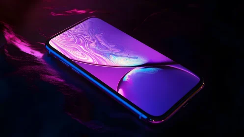 Futuristic smartphone with glowing neon screen in dark setting.