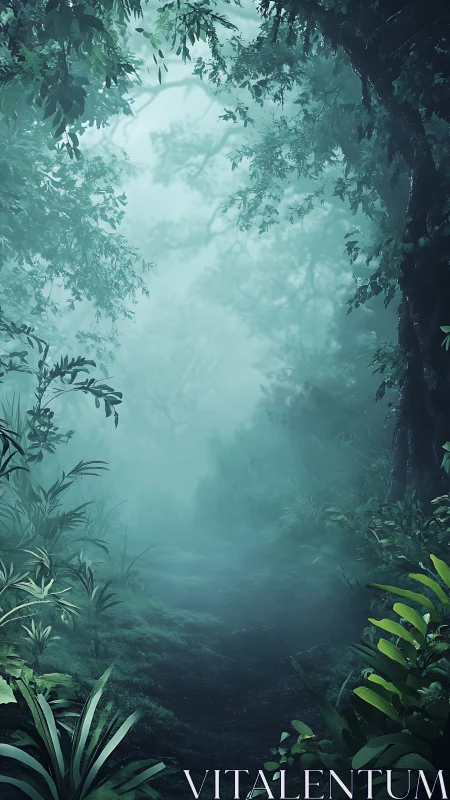 Misty Forest Canopy Path Through Emerald Woodland.