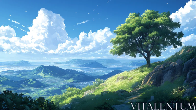 Solitary hilltop tree guarding sunlit valleys and clouds.