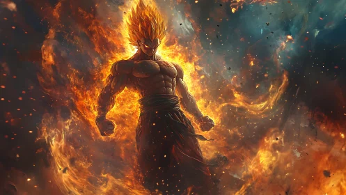 Plasma-charged warrior in eruptive inferno energy field.