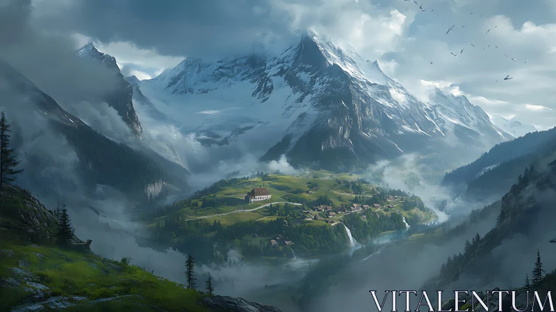 Misty alpine valley village beneath towering icy peaks.