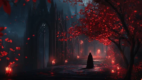 Shrouded wanderer on crimson-lit path to gothic cathedral.