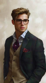 Dapper daydreamer in plaid armor and scholarly glasses.