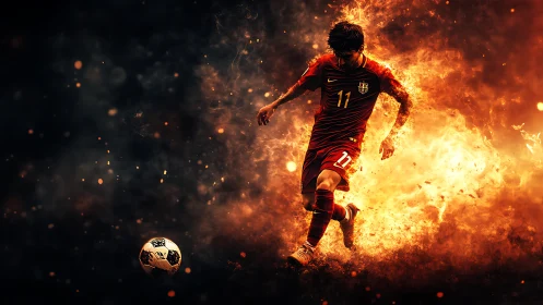 Fiery soccer star charges forward in a blazing, dramatic arena