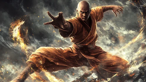 Monk warrior channeling fiery energy in stormy sky scene.