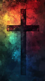 Dark Christian cross stands against vivid textured spectrum
