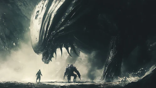 Colossal cavern beast confronts lone explorers in eerie mist.