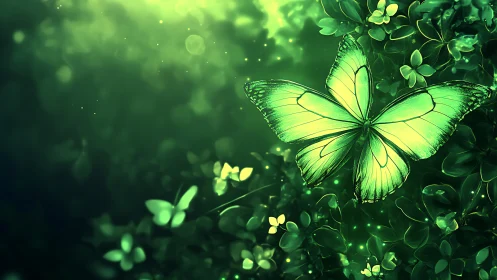Bioluminescent green butterfly hovers above luminous forest foliage