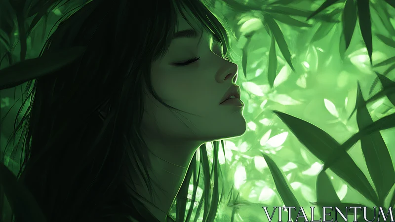 Serene woman in glowing green foliage breathes forest light