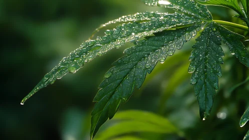 Cannabis leaf glistens with dewdrops in soft morning light.