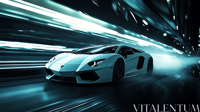 Futuristic white supercar racing through neon tunnel corridor.