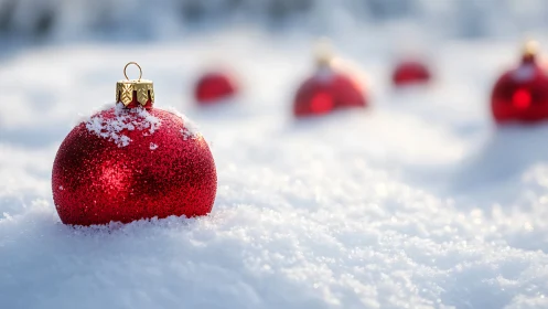 Crimson ornaments resting quietly in a blanket of winter snow.