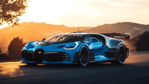 Sunset sprint for a cobalt hypercar on molten tarmac.