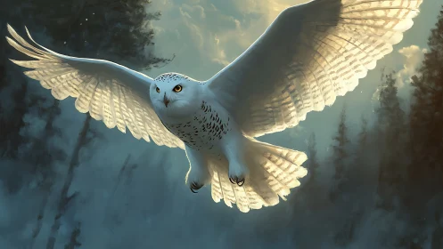 Majestic snowy owl in flight over misty forest at dawn, digital art.