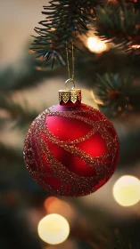 Ruby twinkle bauble glows against dreamy evergreen hush.