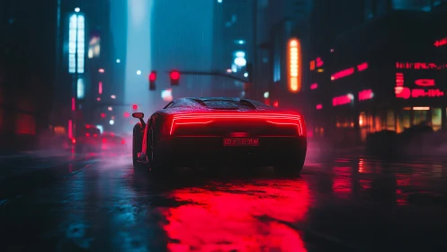 Neon sports car accelerates through rain drenched cyberpunk city