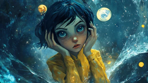 Melancholic child portrait in teal nebula with golden orbs.