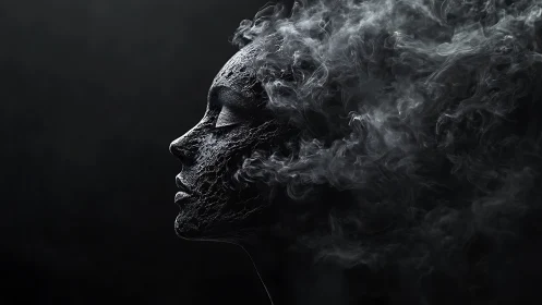 Volumetric smoke portrait with fissured graphite skin profile.
