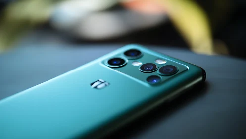 Green smartphone with quad rear camera on soft surface.