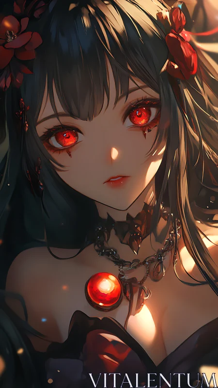 Enigmatic anime sorceress gazes ahead with burning red eyes