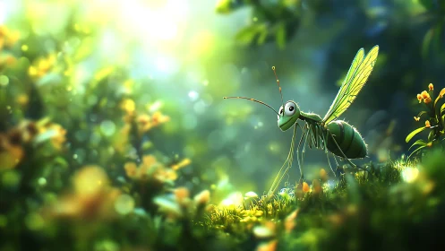 Curious green insect friend exploring a glowing forest path.