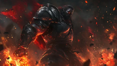 Dark armored fire warrior stands amid blazing inferno.
