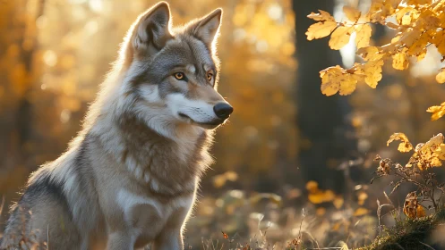 Golden forest wolf resting in gentle autumn sunlight.